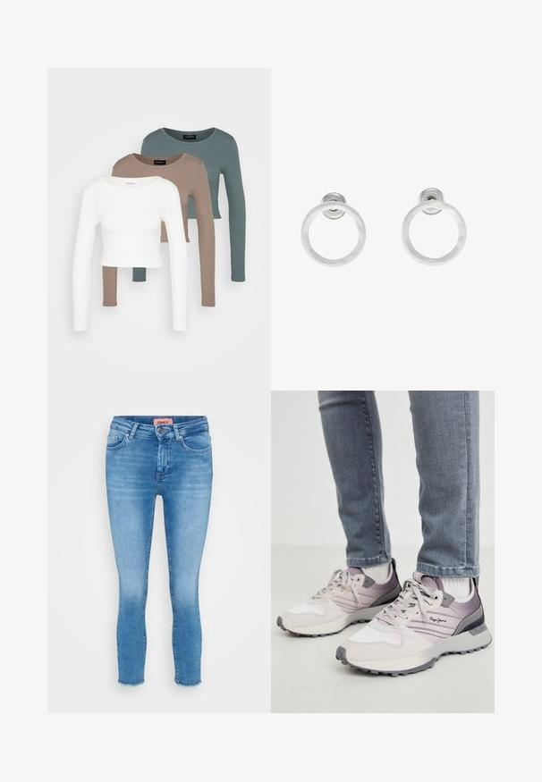 Trzy długie rękawy topy typu crop, ułożone jeden na drugim, w kolorach białym, beżowym i stłumionym turkusowym, z okrągłymi dekoltami na jasnoszarym tle.; Jasnoniebieskie jeansy typu skinny z średnim stanem, pięcioma kieszeniami i surowym wykończeniem przy kostkach. Widoczna metka marki przy talii.; Jasnoszare trampki z zamszowymi i siateczkowymi akcentami, z teksturowaną podeszwą, fioletowymi detalami oraz logo z boku. Noszone z dżinsami.; Srebrne metalowe kolczyki w kształcie obręczy z matową teksturą, z okrągłym wzorem i przezroczystym zapięciem typu post, zapewniającym bezpieczne noszenie.