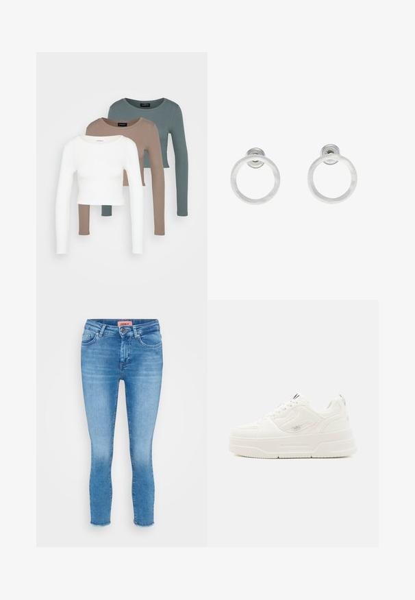 Tre långa ärmade croptopar staplade, i färgerna vit, beige och dämpad teal, med rund hals i en ljusgrå bakgrund.; Ljusblå skinny jeans i denim med medelhög midja, femfickorsdesign och rå kant vid anklarna. Varumärkesetikett synlig vid midjan.; Buffalo JADE - Sneakers - white; Silvriga metallringörhängen med borstad yta, som har en cirkulär design och en genomskinlig stiftbaksida för säker användning.