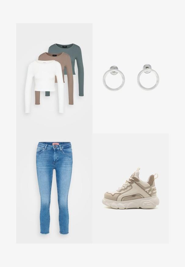 Tři dlouhé rukávy topy ve zkrácené délce naskládány na sobě, barvy bílá, béžová a tlumená modrozelená, s kulatými výstřihy na světle šedém pozadí.; Svetle modré skinny džíny z denimu s středně vysokým pasem, designem s pěti kapsami a roztrhaným lemem na kotnících. Značková etiketa viditelná na pase.; Buffalo CHAI - Tenisky - beige/cream; Stříbrné kovové kruhové náušnice s broušenou texturní úpravou, s kulatým designem a průhledným záznamem pro bezpečné nošení.