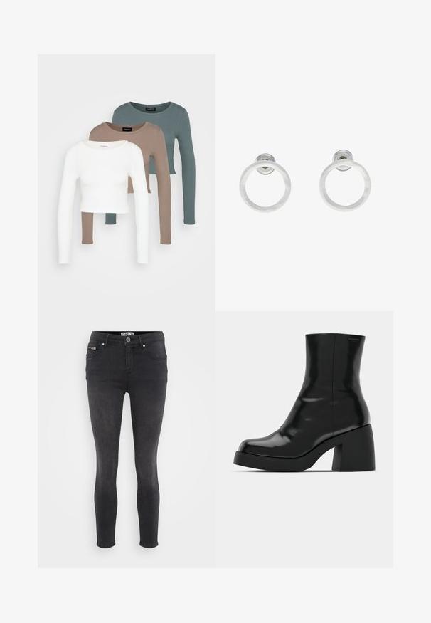 Three long-sleeve crop tops stacked, colors white, beige, and muted teal, with round necklines on a light gray background.; Black skinny jeans made of denim. Features a front button closure and zipped pocket at the waist. Smooth texture with minimal fading.; Black ankle boots with a glossy finish, square toe, and a thick block heel. The design features a seamless silhouette and minimal branding.; Silver metal hoop earrings with a brushed texture, featuring a circular design and a clear post back for secure wear.