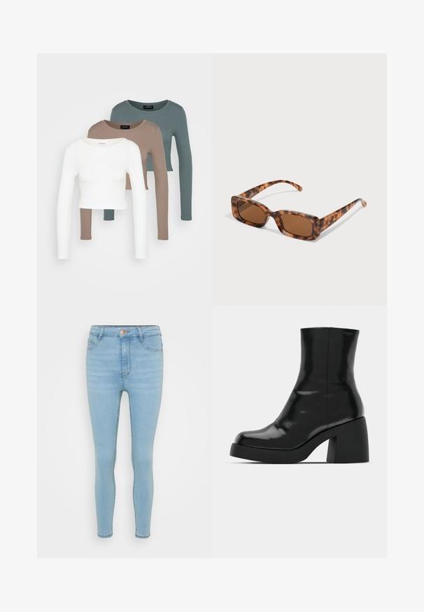 Trys ilgomis rankovėmis apkirptos palaidinės, spalvų: balta, smėlinė ir tyliai mėtinė, su apvaliais iškirpimais, ant šviesiai pilko fono.; Šviesiai mėlynos džinsinės siaurėjantis kelnės su aukštu liemeniu, turi priekinį mygtuką ir užtrauktuką, penkis kišenes ir subtilų nusidėvėjimą.; Juodi kulkšniniai batai su blizgiu paviršiumi, kvadratiniu pirštu ir storu blokiniu kulnu. Dizainas pasižymi be siūlių siluetu ir minimalia ženklinimo. ; Vėžlio kiauto saulės akiniai su stačiakampiais rudi objektyvais, storu rėmu ir siaurais rankenėlėmis, dekoruotomis skirtingų atspalvių ruda spalva.