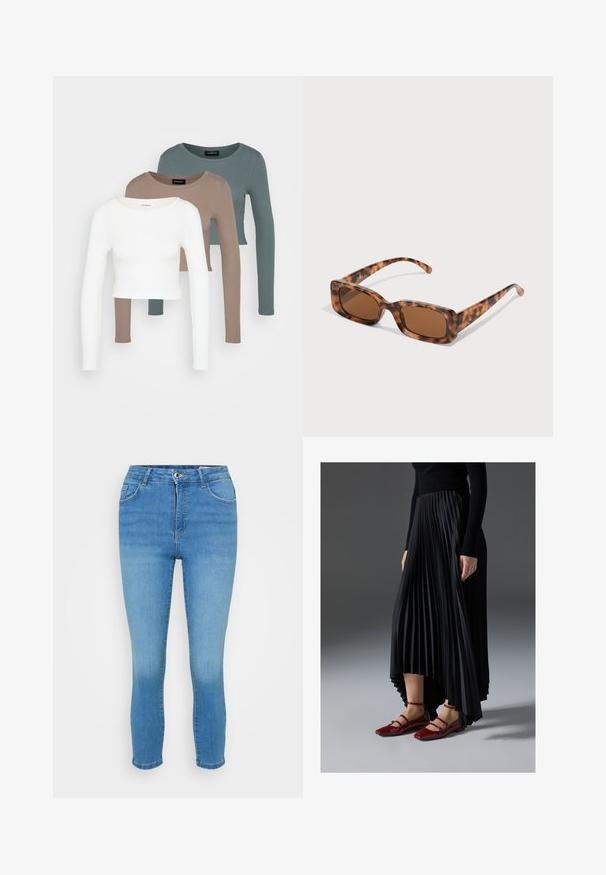 Trīs garām piedurknēm apgrieztas blūzes, sakrautas, krāsās balta, bēša un blāvi tumši zila, ar apaļiem kakla izgriezumiem, uz gaiši pelēka fona.; Gaiši zili džinsi ar pieguļošu piegriezumu, vidēja augstuma jostu, piecu kabatu dizainu un smalku izbalējumu priekšpusē, pabeigti ar pogu aizdari.; Melna plisēta kleita ar augstu priekšpusi un zemāku aizmuguri, saskaņota ar spīdīgām sarkānām dzīvokļa kurpēm ar siksnu dizainu. Audumam ir gluda tekstūra.; Tortoiseshell saulesbrilles ar taisnstūrveida brūniem stikliem, biezs rāmis un plānas kājas ar dažādu brūnu toņu rakstu.