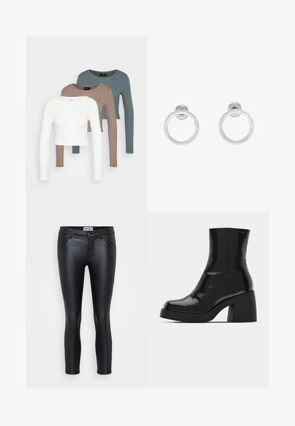 Trije crop majice dugih rukava, složene jedna na drugu, boje bijela, bež i prigušena tirkizna, s okruglim izrezima na svijetlosivoj pozadini.; Crne tajice napravljene od sjajnog materijala, s uskim krojem, pet džepova, šivenim detaljima i prednjim kopčanjem na dugme.; Crne gležnjače s sjajnom površinom, četvrtastim vrhom i debelim blok petama. Dizajn ima besprijekornu siluetu i minimalno brendiranje.; Srebrne metalne naušnice u obliku prstena s brušenom teksturom, s kružnim dizajnom i prozirnom vrstom kopče za sigurno nošenje.