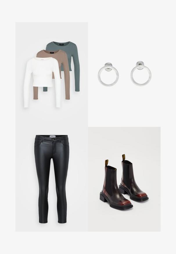 Trije crop majice dugih rukava, složene jedna na drugu, boje bijela, bež i prigušena tirkizna, s okruglim izrezima na svijetlosivoj pozadini.; Crne tajice napravljene od sjajnog materijala, s uskim krojem, pet džepova, šivenim detaljima i prednjim kopčanjem na dugme.; Dr. Martens MAYBOLE CHELSEA - Gležnjače s platformom - black/cherry red; Srebrne metalne naušnice u obliku prstena s brušenom teksturom, s kružnim dizajnom i prozirnom vrstom kopče za sigurno nošenje.