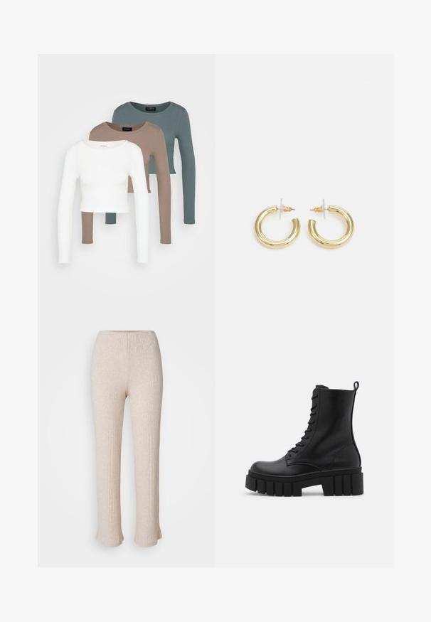 Trije crop majice dugih rukava, složene jedna na drugu, boje bijela, bež i prigušena tirkizna, s okruglim izrezima na svijetlosivoj pozadini.; Svijetlosmeđi rebrasti hlače s ravnim krojem i proširenim rubom. Izrađene su od mekane tkanine s suptilnom teksturom. Elastičan pojas za udobnost.; Crne kožne gležnjače s debelim, rebrastim potplatom, vezanjem sprijeda i uzicom za povlačenje na glatkoj bijeloj podlozi.; Zlatne kružne naušnice s glatkom, sjajnom završnom obradom. Kružni dizajn s malom potporom i prozirnom podlogom za sigurno nošenje.