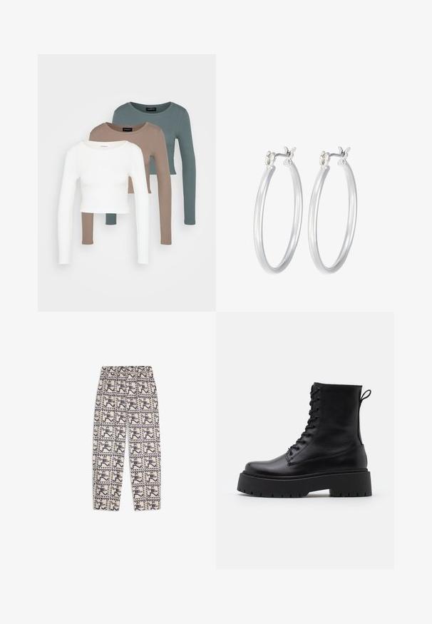 Kolme pitkähihasta lyhyttä toppia pinottuna, värit valkoinen, beige ja vaimea teal, pyöreillä kaula-aukkoilla vaaleanharmaata taustaa vasten.; Beige housut, joissa on joustava vyötärö, nappisulku ja musta geometrinen kuvio, jossa on tyyliteltyjä juoksuhahmoja neliöissä.; Musta nahkainen nilkkureita, joissa on pyöreä kärki, nauhakiinnitys edessä ja paksu kumipohja, jossa on teksturoitu pinta. Takana vetotappi.; Hope-silver rengas, joissa on sileä ja kiillotettu pinta. Pyöreä muoto ja turvallinen napsautettava lukitus. Kevyt muotoilu sopii päivittäiseen käyttöön.
