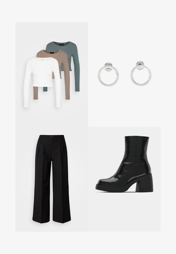 Tričko s dlhým rukávom v crop štýle, poskladané jedno na druhé v bielej, béžovej a tlmenej morskej farbe, s okrúhlym výstrihom na svetlo šedom pozadí.; Čierne široké nohavice s vysokým pásom, s prešívaním a dvoma prednými gombíkmi. Vyrobené z hladkej látky, navrhnuté pre elegantný vzhľad.; Čierne členkové topánky s lesklým povrchom, štvorcovou špičkou a širokým blokovým opätkom. Dizajn sa vyznačuje bezšvovou siluetou a minimálnym brandingom.; Strieborné kovové náušnice vo forme kruhov s brúsenou textúrou, so zaobleným dizajnom a priehľadným zarážkou pre bezpečné nosenie.