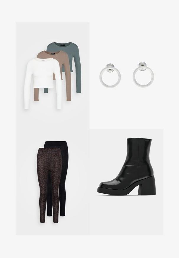 Trii dolgi rokavi kroji vrhovi zloženi, barve bela, bež in umirjena teal, z okroglimi izrezi na svetlo sivi podlagi.; Dve pare leginsov: ene črne in ene s leopardjim vzorcem z rjavimi pikami na temnem ozadju. Obe sta oprijete in imata gladko teksturo.; Črne gležnjarje z sijajno površino, kvadratnim nosom in debelim blokskim peto. Oblikovanje izstopa s brezšivno silhueto in minimalnim logotipiranjem.; Srebrni kovinski obročasti uhani z brušenjem, s krožno obliko in prozornim zatičem za varno nošenje.