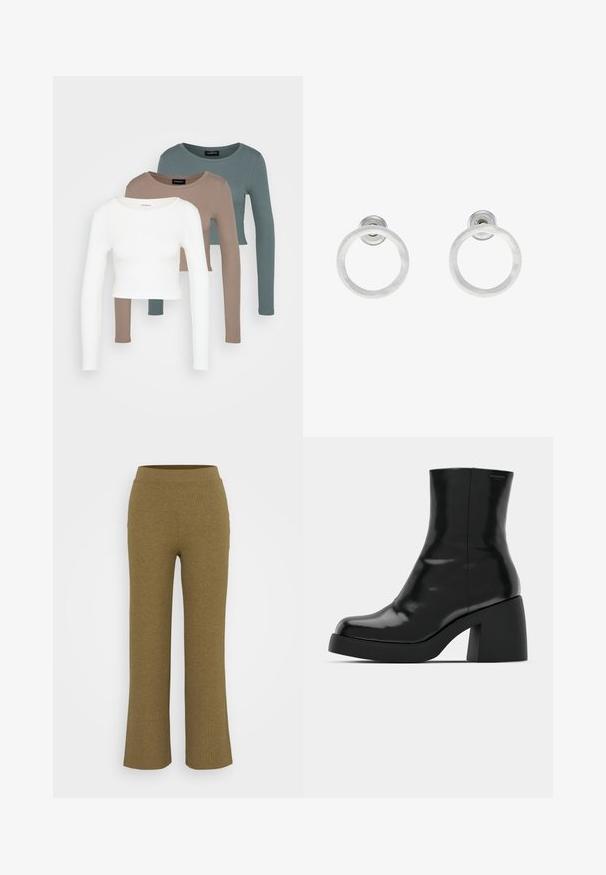 Trii dolgi rokavi kroji vrhovi zloženi, barve bela, bež in umirjena teal, z okroglimi izrezi na svetlo sivi podlagi.; Rebrasti hlače ravnega kroja v umirjeni olivno zeleni barvi. Imajo širok pas in mehak, teksturiran material.; Črne gležnjarje z sijajno površino, kvadratnim nosom in debelim blokskim peto. Oblikovanje izstopa s brezšivno silhueto in minimalnim logotipiranjem.; Srebrni kovinski obročasti uhani z brušenjem, s krožno obliko in prozornim zatičem za varno nošenje.