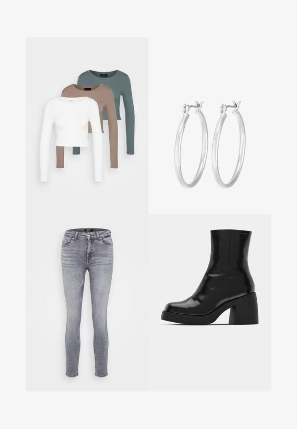 Kolm pika varrukaga lühikest tsooni moodustavat topi, värvid valge, beež ja tuhm türkissinine, ümmarguste kaelustega, heleda halli tausta peal.; Siledad sobiksest hallid teksad pleekinud viimistlusega, viie taskuga, vöödükid ja tõmblukk. Omab peent õmblust ja siledat tekstuuri.; Mustad mustad, läikiva viimistlusega, ruudukujulise varbaga ja paksu plokktallaga. Kujundus sisaldab sujuvat siluetti ja minimaalset brändimist.; Hõbedased rõngaskõrvarõngad, millel on sile, läikiv viimistlus. Ümmargune kuju ja turvaline klõpsulatus. Kerge disain, sobib igapäevaseks kandmiseks.