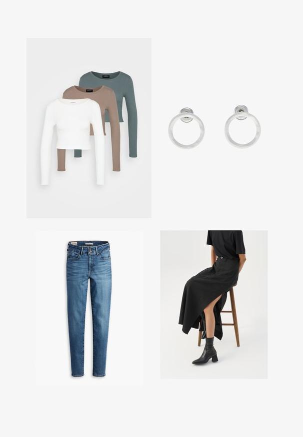 Trīs garām piedurknēm apgrieztas blūzes, sakrautas, krāsās balta, bēša un blāvi tumši zila, ar apaļiem kakla izgriezumiem, uz gaiši pelēka fona.; Augsti vidukļa skinny džinsi gaiši zilā denīmā. Iespējas: piecas kabatas, priekšējā pogu aizdare un klasiskās šuvju detaļas visā apģērbā.; Melna lina maxi svārki ar augstu šķēlumu, valkāti ar melnu T-kreklu un melniem potīšu zābakiem. Minimālistisks dizains ar brīvu piegriezumu.; Sudraba metāla gredzenveida auskari ar matētu faktūru, ar apaļu dizainu un caurspīdīgu aizdari, lai nodrošinātu drošu valkāšanu.