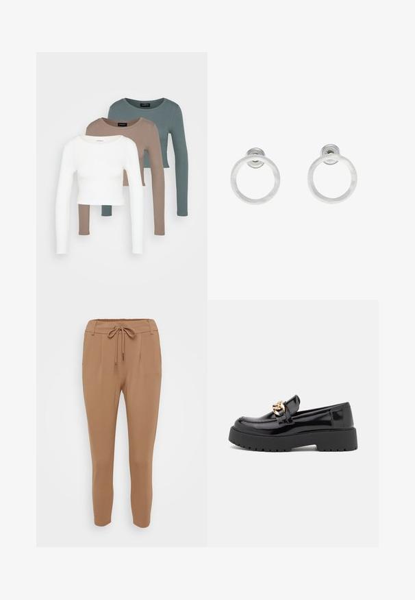Tre långa ärmade croptopar staplade, i färgerna vit, beige och dämpad teal, med rund hals i en ljusgrå bakgrund.; Ljusbruna, tapered byxor av mjukt tyg, med dragsko i midjan, framfickor och elastiska cuffs vid vristerna.; Svarta lackläderloafers med en kraftig svart sula och detaljer i guld. Slät yta och rund tådesign.; Silvriga metallringörhängen med borstad yta, som har en cirkulär design och en genomskinlig stiftbaksida för säker användning.