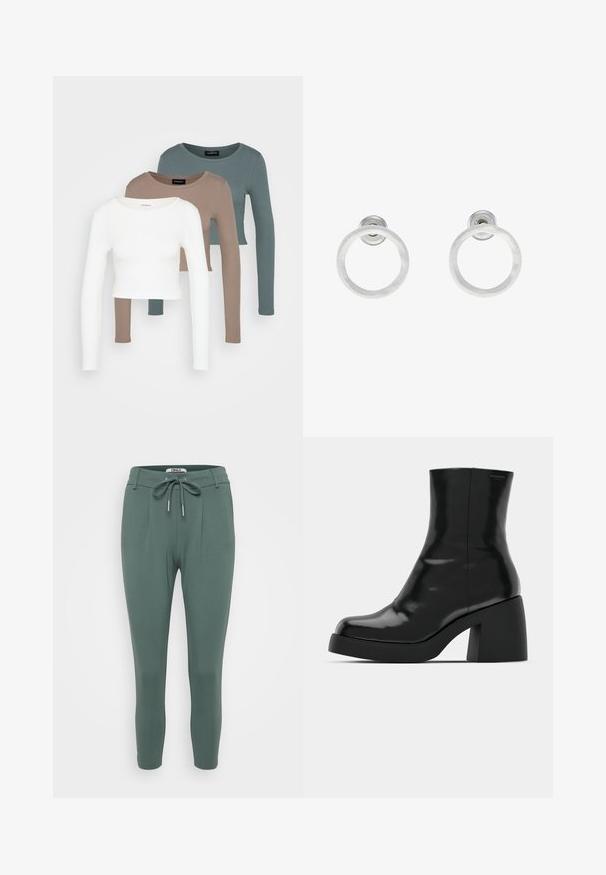 Trīs garām piedurknēm apgrieztas blūzes, sakrautas, krāsās balta, bēša un blāvi tumši zila, ar apaļiem kakla izgriezumiem, uz gaiši pelēka fona.; Zaļi, pielāgoti bikses, izgatavotas no maiga, elastīga materiāla. Aprīkotas ar regulējamu jostu, krokām un sašaurinātiem piedurknēm. Vienkāršs un minimālisma dizains.; Melnas potītes zābaku ar spīdīgu apdari, kvadrātveida pirkstu un biezu bloku papēdi. Dizainā ir bezšuvju siluets un minimāla zīmola identitāte.; Sudraba metāla gredzenveida auskari ar matētu faktūru, ar apaļu dizainu un caurspīdīgu aizdari, lai nodrošinātu drošu valkāšanu.