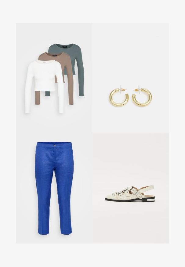 Tři dlouhé rukávy topy ve zkrácené délce naskládány na sobě, barvy bílá, béžová a tlumená modrozelená, s kulatými výstřihy na světle šedém pozadí.; Pánské zkrácené kalhoty ve výrazné modré lněné tkanině, s knoflíkovým zapínáním, hladkou texturou a rovnou siluetou se subtilním prošíváním.; Sandačky s otevřenou patou z bílé kůže s více širokými popruhy a stříbrnými sponami; plochá podrážka s malým černým podpatkem a metalickými akcenty.; Zlaté kruhové náušnice s hladkým, lesklým povrchem. Kruhový design s malým kolíčkem a průhledným záznamem pro bezpečné nošení.