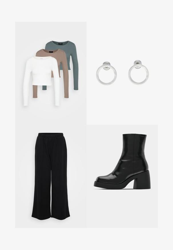 Three long-sleeve crop tops stacked, colors white, beige, and muted teal, with round necklines on a light gray background.; Black wide-leg pants with a soft texture, elastic waistband, and front pleats. Simple design with no visible patterns or hardware accents.; Black ankle boots with a glossy finish, square toe, and a thick block heel. The design features a seamless silhouette and minimal branding.; Silver metal hoop earrings with a brushed texture, featuring a circular design and a clear post back for secure wear.