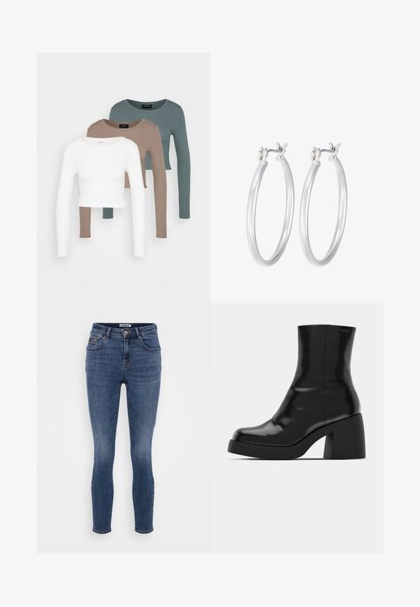 Trii dolgi rokavi kroji vrhovi zloženi, barve bela, bež in umirjena teal, z okroglimi izrezi na svetlo sivi podlagi.; Temno modri slim fit kavbojki iz denima z gladko teksturo, pet žepni dizajn in detajl iz bakerne gumb na pasu.; Črne gležnjarje z sijajno površino, kvadratnim nosom in debelim blokskim peto. Oblikovanje izstopa s brezšivno silhueto in minimalnim logotipiranjem.; Srebrni obroči za ušesa z gladko, polirano površino. Okrogla oblika in varna zaponka s klikom. Lahka zasnova, primerna za vsakodnevno nošenje.