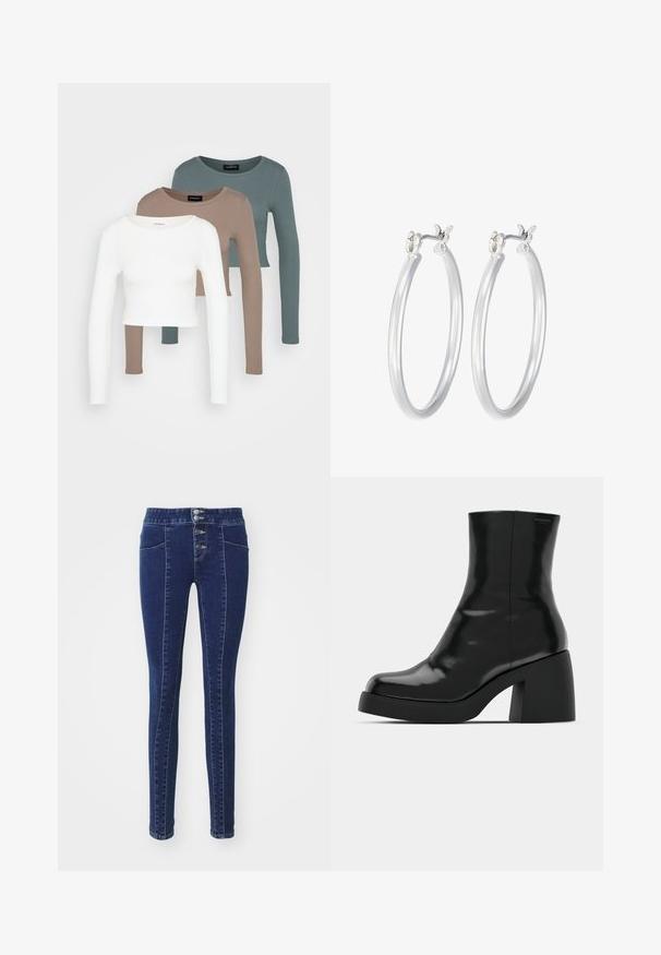 Trzy długie rękawy topy typu crop, ułożone jeden na drugim, w kolorach białym, beżowym i stłumionym turkusowym, z okrągłymi dekoltami na jasnoszarym tle.; Ciemnoniebieskie dżinsy o wysokiej talii, zapięcie na pięć guzików, dwie przednie kieszenie i zwężany krój. Gładka faktura.; Czarne botki za kostkę o błyszczącej wykończeniu, kwadratowym czubku i grubym słupkowym obcasie. Projekt charakteryzuje się bezszwową sylwetką i minimalną marką.; Srebrne kolczyki w formie kółek o gładkim, polerowanym wykończeniu. O okrągłym kształcie i pewnym zapięciu na klik. Lekka konstrukcja odpowiednia do codziennego noszenia.