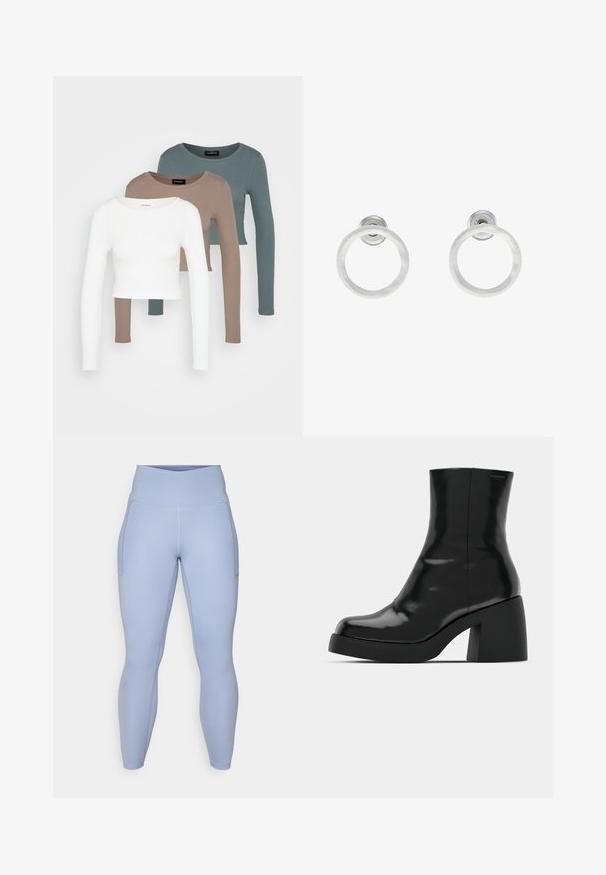 Drie lange mouw crop tops gestapeld, in de kleuren wit, beige en gedempt teal, met ronde halslijnen op een lichtgrijze achtergrond.; Lichtblauwe sportlegging met een hoge tailleband, voorzien van zijzakken en een gladde, rekbare stof voor comfort en flexibiliteit.; Zwarte enkellaarzen met een glanzende afwerking, vierkante neus en een dikke blokhak. Het ontwerp heeft een naadloze silhouet en minimale branding.; Zilveren metalen ringoorbellen met een geborstelde textuur, met een ronde vorm en een transparante bevestiging voor een veilige draagwijze.