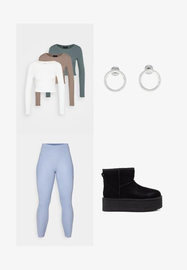 Kolm pika varrukaga lühikest tsooni moodustavat topi, värvid valge, beež ja tuhm türkissinine, ümmarguste kaelustega, heleda halli tausta peal.; Heledad sinine spordilegging, millel on kõrge vöökoht, küljetaskud ja sile, veniv kanga, mis tagab mugavuse ja paindlikkuse.; Mustade seemisääreline nahast saapad paksu platvormi ja pehme voodriga. Kaunistatud õmbluste ja seljapoolse tõmbluku abil, mis muudab selga panemise lihtsaks.; Hõbedased metallist rõngastooted, millel on harjatud tekstuur, ümmargune disain ja selge tagumine post, tagamaks kindlat kandmist.