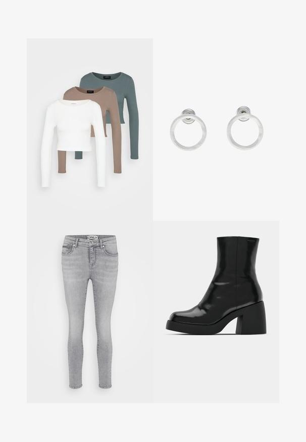 Trīs garām piedurknēm apgrieztas blūzes, sakrautas, krāsās balta, bēša un blāvi tumši zila, ar apaļiem kakla izgriezumiem, uz gaiši pelēka fona.; Pelēki džinsi ar šauru piegriezumu, piecu kabatu dizainu, pogas aizdari un jostas cilpiņām. Audumam ir gluda tekstūra un viegla izbalēšana visā virsmā.; Melnas potītes zābaku ar spīdīgu apdari, kvadrātveida pirkstu un biezu bloku papēdi. Dizainā ir bezšuvju siluets un minimāla zīmola identitāte.; Sudraba metāla gredzenveida auskari ar matētu faktūru, ar apaļu dizainu un caurspīdīgu aizdari, lai nodrošinātu drošu valkāšanu.