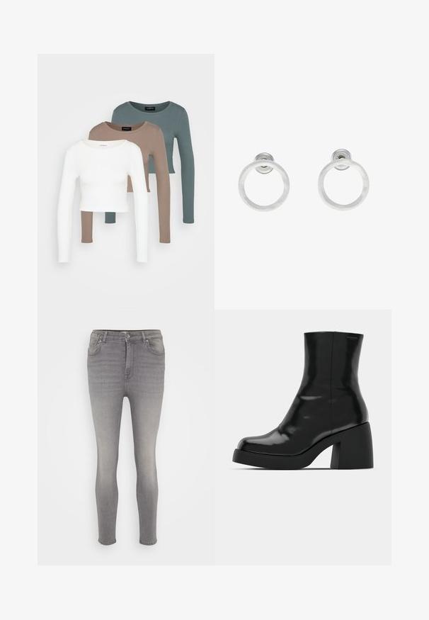 Trys ilgomis rankovėmis apkirptos palaidinės, spalvų: balta, smėlinė ir tyliai mėtinė, su apvaliais iškirpimais, ant šviesiai pilko fono.; Pilki džinsai su siauru sijonu, su mygtuko uždarymu, penkiomis kišenėmis ir švelniu išblukimu palei kojas. Lygus paviršius, be raštų.; Juodi kulkšniniai batai su blizgiu paviršiumi, kvadratiniu pirštu ir storu blokiniu kulnu. Dizainas pasižymi be siūlių siluetu ir minimalia ženklinimo. ; Sidabriniai metaliniai auskarai žiedų pavidalu su šveitimo tekstūra, turintys apvalų dizainą ir skaidrų laikiklį saugiam dėvėjimui.