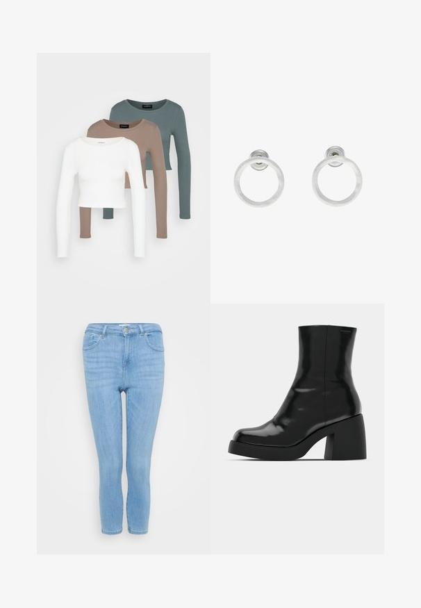Tres tops cortos de manga larga apilados, en colores blanco, beige y verde azulado apagado, con cuellos redondos sobre un fondo gris claro.; Jeans de mezclilla azul claro con corte ajustado, diseño de cinco bolsillos, cintura media y longitud de tobillo ligeramente acortada.; Botas de tobillo negras con un acabado brillante, punta cuadrada y un tacón grueso en bloque. El diseño presenta una silueta sin costuras y un minimalismo en la marca.; Pendientes de aro de metal plateado con una textura cepillada, que presentan un diseño circular y un respaldo transparente para un uso seguro.