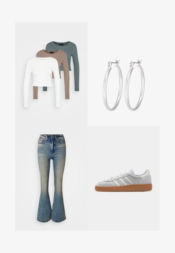 Kolm pika varrukaga lühikest tsooni moodustavat topi, värvid valge, beež ja tuhm türkissinine, ümmarguste kaelustega, heleda halli tausta peal.; Heledad teksad heledas sinises denimis, millel on järkjärguline pleekimine. Omab kõrget taljet, viit taskut ja nupuga sulgemist koos lukuga.; Heledad hallhall kreemikas nähtav dress särk valgete nahka elementidega, kolm valget triipu ja pruun kummikreen, millel on mugavuse tagamiseks pehmendusega kaelus.; Hõbedased rõngaskõrvarõngad, millel on sile, läikiv viimistlus. Ümmargune kuju ja turvaline klõpsulatus. Kerge disain, sobib igapäevaseks kandmiseks.