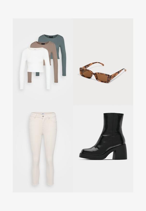 Tričko s dlhým rukávom v crop štýle, poskladané jedno na druhé v bielej, béžovej a tlmenej morskej farbe, s okrúhlym výstrihom na svetlo šedom pozadí.; Krémové skinny džínsy s rozstrapkaným lemom. Vyrobené z denimu s klasickým dizajnom piatich vreciek a predným zapínaním na gombík.; Čierne členkové topánky s lesklým povrchom, štvorcovou špičkou a širokým blokovým opätkom. Dizajn sa vyznačuje bezšvovou siluetou a minimálnym brandingom.; Rámik slnečných okuliarov z korytnačiny s obdĺžnikovými hnedými sklami, hrubým rámom a štíhlymi stranicami so vzorom rôznych odtieňov hnedej.