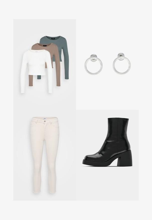 Tři dlouhé rukávy topy ve zkrácené délce naskládány na sobě, barvy bílá, béžová a tlumená modrozelená, s kulatými výstřihy na světle šedém pozadí.; Krémové skinny džíny s roztrhaným lemem. Vyrobeny z denimu s klasickým pěti-kapsovým designem a zapínáním na předním knoflíku.; Černé kotníkové boty s lesklým povrchem, čtveratou špičkou a silným blokovým podpatkem. Design se vyznačuje bezproblémovým siluetu a minimálním brandingem.; Stříbrné kovové kruhové náušnice s broušenou texturní úpravou, s kulatým designem a průhledným záznamem pro bezpečné nošení.