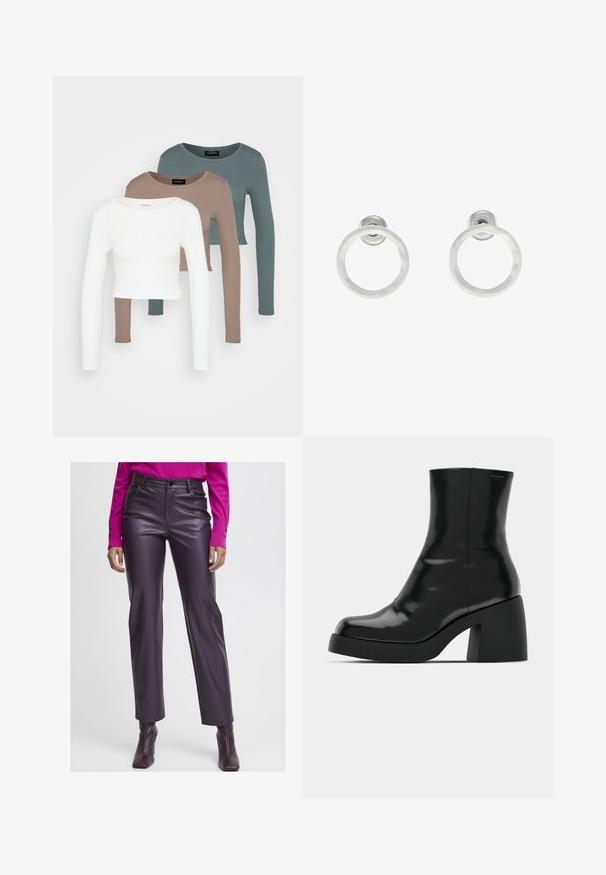 Three long-sleeve crop tops stacked, colors white, beige, and muted teal, with round necklines on a light gray background.; Purple faux leather high-waisted pants with a smooth texture, straight leg design, and front pockets. Paired with a pink long-sleeve top.; Black ankle boots with a glossy finish, square toe, and a thick block heel. The design features a seamless silhouette and minimal branding.; Silver metal hoop earrings with a brushed texture, featuring a circular design and a clear post back for secure wear.
