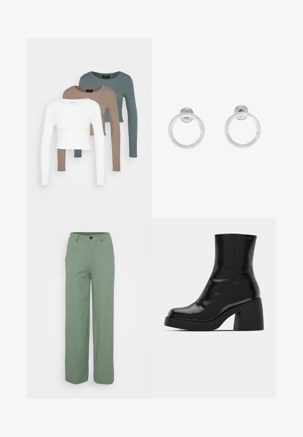 Tři dlouhé rukávy topy ve zkrácené délce naskládány na sobě, barvy bílá, béžová a tlumená modrozelená, s kulatými výstřihy na světle šedém pozadí.; Kalhoty s širokými nohavicemi z jemného zeleného materiálu s hladkým povrchem. Mají přední zapínání na knoflík a dvě boční kapsy.; Černé kotníkové boty s lesklým povrchem, čtveratou špičkou a silným blokovým podpatkem. Design se vyznačuje bezproblémovým siluetu a minimálním brandingem.; Stříbrné kovové kruhové náušnice s broušenou texturní úpravou, s kulatým designem a průhledným záznamem pro bezpečné nošení.