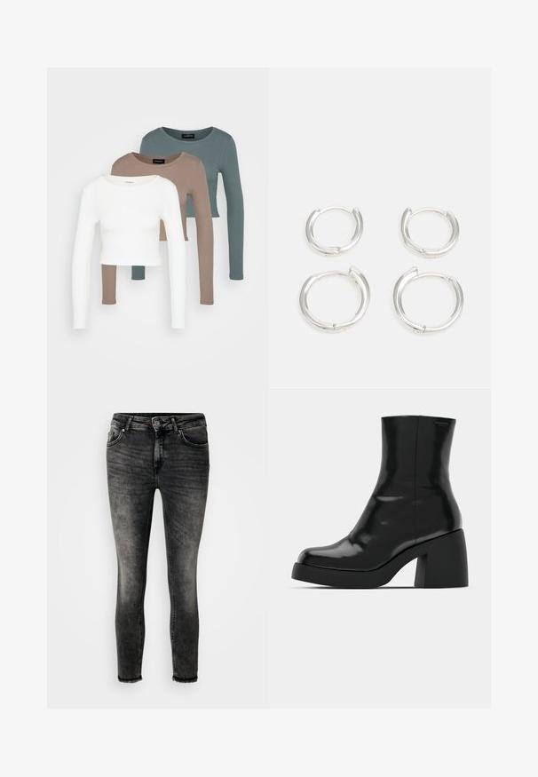 Tres tops cortos de manga larga apilados, en colores blanco, beige y verde azulado apagado, con cuellos redondos sobre un fondo gris claro.; Jeans ajustados en un lavado negro desvanecido, con cinco bolsillos, cierre de cremallera y dobladillo sin acabar. Hechos de denim con una textura suave.; Botas de tobillo negras con un acabado brillante, punta cuadrada y un tacón grueso en bloque. El diseño presenta una silueta sin costuras y un minimalismo en la marca.; Pendientes aros de plata, con un acabado liso y pulido. Dos pares de tamaño ligeramente diferente. Diseño sencillo y circular, ligeros.