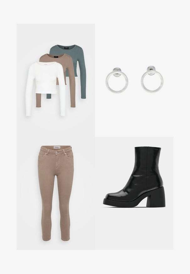 Trīs garām piedurknēm apgrieztas blūzes, sakrautas, krāsās balta, bēša un blāvi tumši zila, ar apaļiem kakla izgriezumiem, uz gaiši pelēka fona.; Bežīgas slim fit džinsas, izgatavotas no kokvilnas maisījuma auduma, ar piecu kabatu dizainu, jostu cilpiņām un priekšējo rāvējslēdzēju. Gluda tekstūra visā virsmā.; Melnas potītes zābaku ar spīdīgu apdari, kvadrātveida pirkstu un biezu bloku papēdi. Dizainā ir bezšuvju siluets un minimāla zīmola identitāte.; Sudraba metāla gredzenveida auskari ar matētu faktūru, ar apaļu dizainu un caurspīdīgu aizdari, lai nodrošinātu drošu valkāšanu.