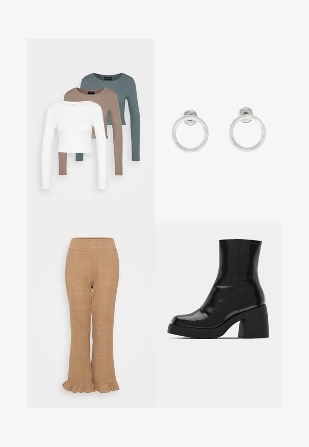 Tričko s dlhým rukávom v crop štýle, poskladané jedno na druhé v bielej, béžovej a tlmenej morskej farbe, s okrúhlym výstrihom na svetlo šedom pozadí.; Svetlobrúne rebrované pletené nohavice s rozšíreným spodným okrajom a volánovým lemom. Elastický pás pre pohodlie. Rovnomerná textúra po celom obvode.; Čierne členkové topánky s lesklým povrchom, štvorcovou špičkou a širokým blokovým opätkom. Dizajn sa vyznačuje bezšvovou siluetou a minimálnym brandingom.; Strieborné kovové náušnice vo forme kruhov s brúsenou textúrou, so zaobleným dizajnom a priehľadným zarážkou pre bezpečné nosenie.