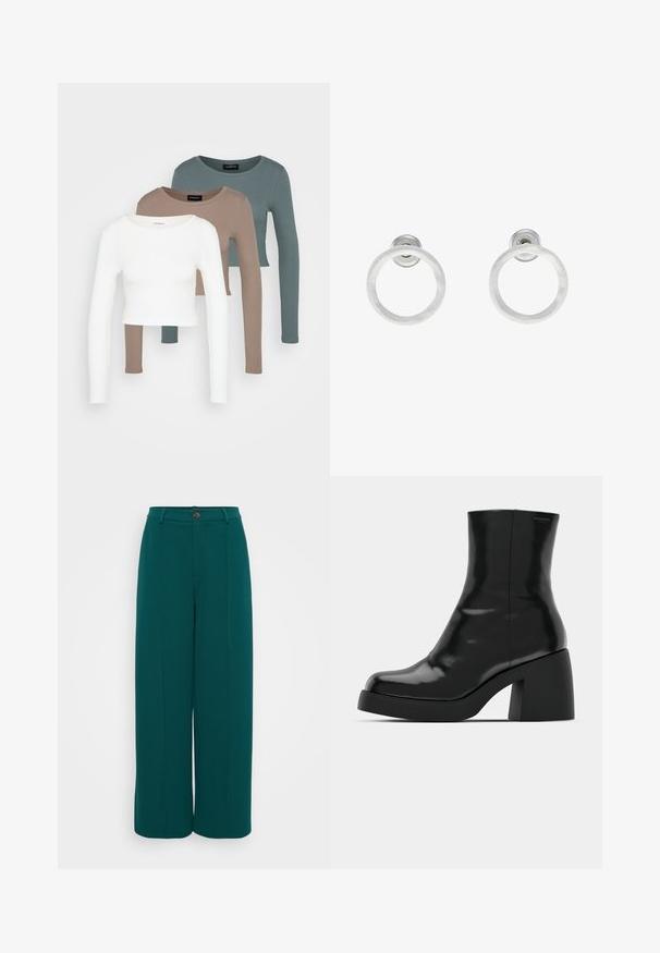 Tři dlouhé rukávy topy ve zkrácené délce naskládány na sobě, barvy bílá, béžová a tlumená modrozelená, s kulatými výstřihy na světle šedém pozadí.; Even&Odd Petite Kalhoty - dark green; Černé kotníkové boty s lesklým povrchem, čtveratou špičkou a silným blokovým podpatkem. Design se vyznačuje bezproblémovým siluetu a minimálním brandingem.; Stříbrné kovové kruhové náušnice s broušenou texturní úpravou, s kulatým designem a průhledným záznamem pro bezpečné nošení.