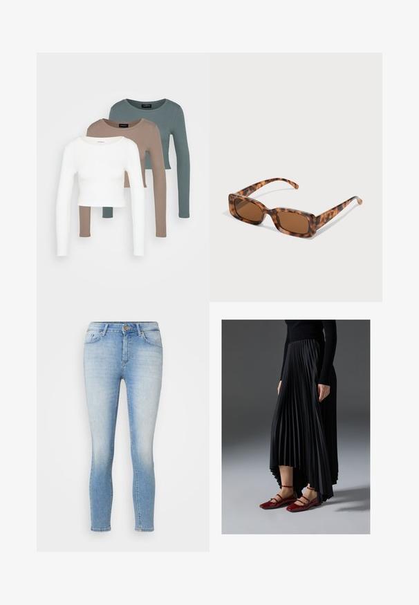 Tres tops cortos de manga larga apilados, en colores blanco, beige y verde azulado apagado, con cuellos redondos sobre un fondo gris claro.; Jeans ajustados de color azul claro con cierre de botón y cremallera en el frente, cinco bolsillos y un ligero desgaste en los muslos y las rodillas.; Falda negra plisada con un dobladillo asimétrico, combinada con bailarinas rojas brillantes que tienen un diseño de tiras. La tela tiene una textura suave.; Gafas de sol de carey con lentes marrones rectangulares, un marco grueso y patillas delgadas que presentan un patrón de diferentes tonos de marrón.; Pendientes de aro de plata con un acabado liso y pulido. Forma redonda y cierre de click seguro. Diseño ligero adecuado para el uso diario.