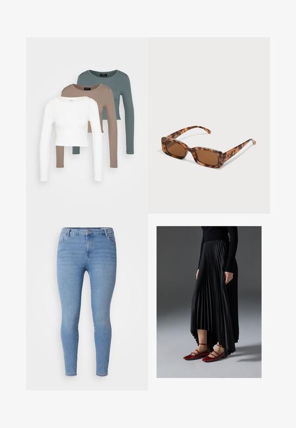 Trzy długie rękawy topy typu crop, ułożone jeden na drugim, w kolorach białym, beżowym i stłumionym turkusowym, z okrągłymi dekoltami na jasnoszarym tle.; Jasnoniebieskie skinny jeans wykonane z denimu, charakteryzujące się klasycznym pięciokomorowym stylem, zamek błyskawiczny oraz wąskimi nogawkami. Gładka tekstura z delikatnym blaknięciem.; Czarna plisowana spódnica z asymetrycznym dołem, zestawiona z błyszczącymi czerwonymi balerinkami z paskiem. Tkanina ma gładką teksturę.; Okulary przeciwsłoneczne w kolorze tortoishell z prostokątnymi brązowymi soczewkami, grubą oprawką i cienkimi zausznikami z wzorem w różnych odcieniach brązu.; Srebrne kolczyki w formie kółek o gładkim, polerowanym wykończeniu. O okrągłym kształcie i pewnym zapięciu na klik. Lekka konstrukcja odpowiednia do codziennego noszenia.