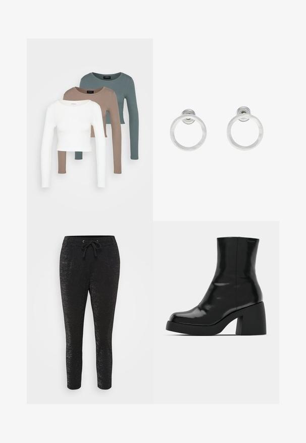 Three long-sleeve crop tops stacked, colors white, beige, and muted teal, with round necklines on a light gray background.; Black pants with a shiny texture, featuring a drawstring waist, two front pockets, and tapered legs for a fitted appearance.; Black ankle boots with a glossy finish, square toe, and a thick block heel. The design features a seamless silhouette and minimal branding.; Silver metal hoop earrings with a brushed texture, featuring a circular design and a clear post back for secure wear.