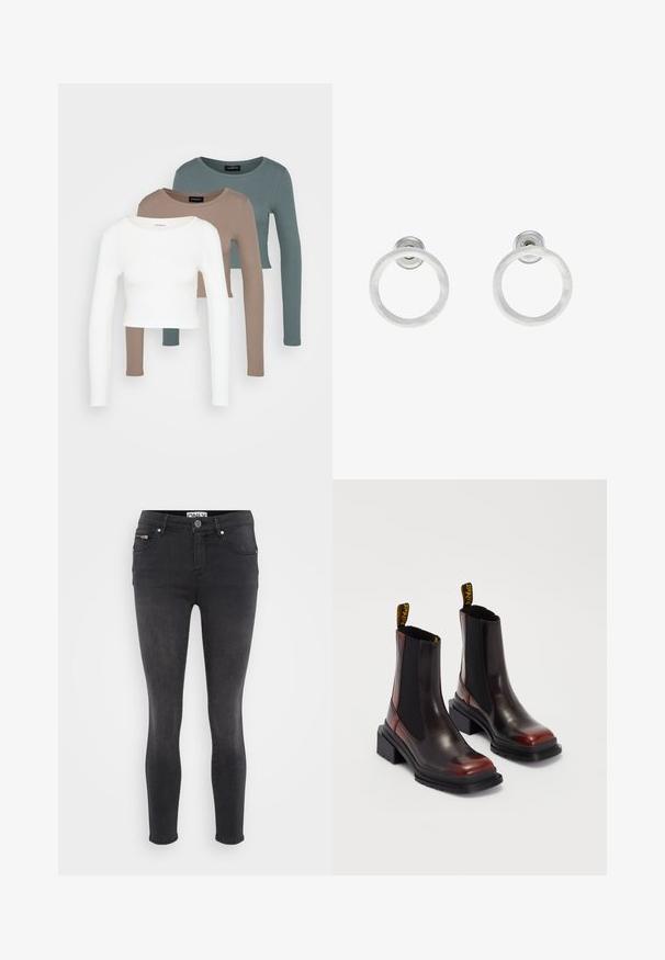 Tres tops cortos de manga larga apilados, en colores blanco, beige y verde azulado apagado, con cuellos redondos sobre un fondo gris claro.; Jeans ajustados negros de denim. Presentan un cierre frontal con botón y un bolsillo con cremallera en la cintura. Textura suave con un desvanecimiento mínimo.; Dr. Martens MAYBOLE CHELSEA - Botines con plataforma - black/cherry red; Pendientes de aro de metal plateado con una textura cepillada, que presentan un diseño circular y un respaldo transparente para un uso seguro.