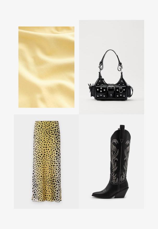 Puuvillakangas pehmeas, vaaleankeltaisessa sävyssä, jossa on sileä, hieman texturoitu pinta hellillä aaltoiluilla ja taitoksilla.; Keltainen ja mustapilkullinen midi-hame, joka on valmistettu kevyestä kankaasta, ja jossa on sileä rakenne sekä suora leikkaus helman kanssa.; Mustat nahkasaappaat cowboy-tyyliin, joissa on terävät varpaat, viistot korot ja hopeiset brodeeratut kukkakuviot varressa. Eroava ompelu koko saappaassa.; Musta nahkainen käsilaukku, jossa on kaareva muotoilu, hopeiset niitit, solki ja kaksi sivutaskua. Säädettävä olkahihna erilaisiin kantovaihtoehtoihin.