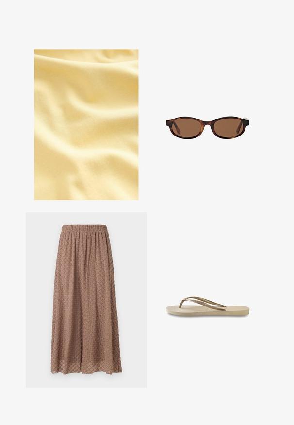 Tessuto di cotone in una morbida tonalità giallo chiaro, con una superficie liscia e leggermente testurizzata caratterizzata da dolci onde e pieghe.; Gonna marrone lunga fino al ginocchio con vita elasticizzata, tessuto testurizzato con motivo a rombi in una tonalità più chiara, leggera e fluida.; Infradito beige chiaro con soletta testurizzata, suola piatta e sottili cinturini lucidi. Presenta un marchio discreto sul cinturino.; Occhiali da sole con lenti tonde di colore marrone, caratterizzati da una montatura ovale e un motivo tartaruga, con aste ampie. Texture liscia e dettagli di branding discreti sul lato.