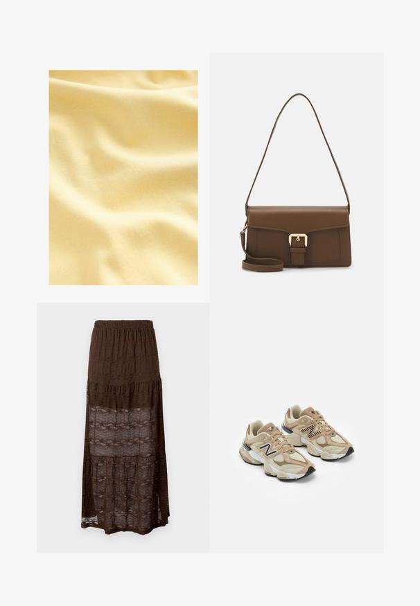 Bavlněná tkanina v jemném, světlém žlutém odstínu, s hladkým, mírně texturovaným povrchem s jemnými vlnami a záhyby.; Hnědá krajková maxi sukně s vrstveným designem, která má smockovaný pás a vlnité vzory na látce. Lehká a poloprůhledná.; Béžové tenisky vyrobené z materiálů síťoviny a semiše. Obsahují černé logo a texturované prvky. Silná bílá mezipodešev a černá gumová podrážka.; Hnědá kožená kabelka obdélníkového tvaru s přední klopou, zlatými kovovými prvky a dlouhým nastavitelním popruhem.
