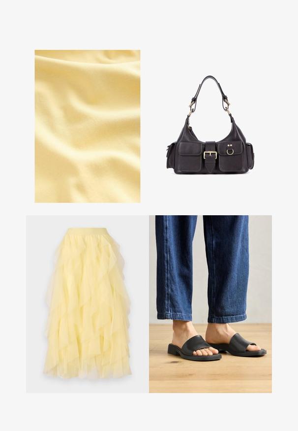 Baumwollstoff in einem sanften, hellgelben Farbton, mit einer glatten, leicht strukturierten Oberfläche und sanften Wellen und Falten.; Gelber, schichtenförmiger Rock aus durchsichtiger Tüllware, der eine schwingende Silhouette mit überlappenden Rüschen und einem elastischen Bund aufweist.; Schwarze Slipper-Sandalen aus glattem Material mit offenem Zehenbereich und breitem Oberband, kombiniert mit dunklen Jeans im geraden Schnitt.; Dunkle Lederhandtasche mit zwei Vorderfächern, einer zentralen Schnalle und goldfarbenen Beschlägen. Glatte Textur mit einer gewölbten Silhouette.
