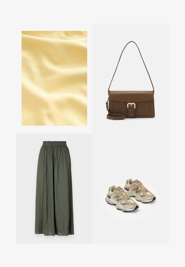 Material din bumbac într-o nuanță moale, galben deschis, având o suprafață netedă, ușor texturată, cu valuri și plii blânde.; Fustă maxi de culoare verde închis, realizată dintr-un material ușor, având un brâu elastic strâns și un design fluid cu pliseuri.; Adidași bej din materiale mesh și suede. Prezintă un logo negru și accente texturate. Talpă intermediară albă groasă și talpă exterioară din cauciuc negru.; Geantă de mână din piele maro, cu o formă rectangulară, având un capac frontal, accesorii din aur și o curea lungă și ajustabilă.