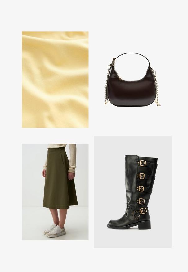 Tessuto di cotone in una morbida tonalità giallo chiaro, con una superficie liscia e leggermente testurizzata caratterizzata da dolci onde e pieghe.; Gonna A-line verde oliva con una consistenza liscia, vita alta e dettagli delle cuciture, abbinata a sneakers bianche e beige.; RAID GELINA - Stivali texani / biker - black; Borsa a tracolla in pelle nera con silhouette curva, dotata di una tracolla in catena dorata e una finitura liscia e lucida.