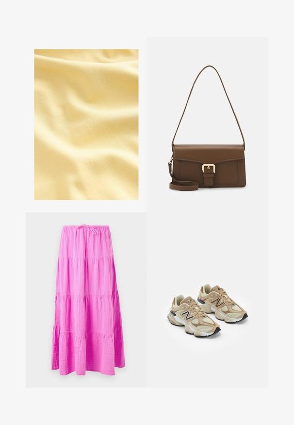 Material din bumbac într-o nuanță moale, galben deschis, având o suprafață netedă, ușor texturată, cu valuri și plii blânde.; Fustă lungă, în straturi, de culoare roz aprins, realizată dintr-un material moale și texturat. Prezintă o talie elastică cu șnur pentru ajustarea măsurii.; Adidași bej din materiale mesh și suede. Prezintă un logo negru și accente texturate. Talpă intermediară albă groasă și talpă exterioară din cauciuc negru.; Geantă de mână din piele maro, cu o formă rectangulară, având un capac frontal, accesorii din aur și o curea lungă și ajustabilă.
