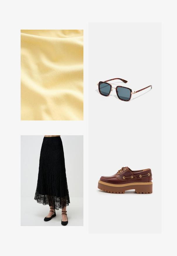 Baumwollstoff in einem sanften, hellgelben Farbton, mit einer glatten, leicht strukturierten Oberfläche und sanften Wellen und Falten.; Schwarzer maxilanger Spitzenrock mit einem gestuften Design, das einen gewellten Saum und aufwendige florale Muster aufweist, kombiniert mit schwarzen Riemchenflats.; Braune Lederbootsschuhe mit einer massiven braunen Gummisohle, goldenen Ösen und kontrastierenden Nähten. Mit einem Logo an der Seite.; Schildpatt-Sonnenbrille mit dunkelgrauen Gläsern, quadratischer Form, goldenen Metallakzenten und schlanken Bügeln mit charakteristischen gestreiften Details.