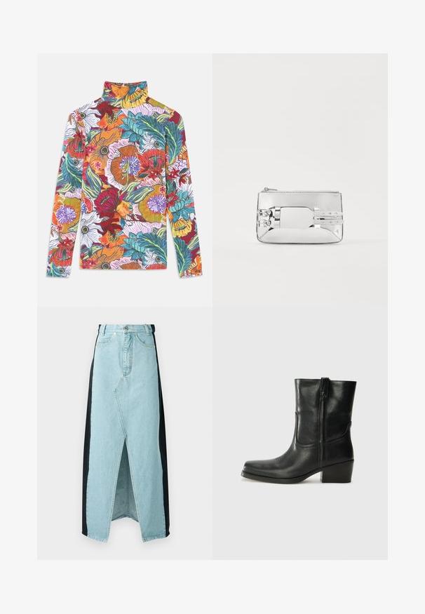 Langärmliges Oberteil mit hohem Kragen, das ein lebhaftes Blumenmuster mit mehrfarbigen Blüten und grünen Blättern auf weißem Hintergrund zeigt.; Jeansrock, der hellblaue und schwarze Materialien kombiniert, mit einem vorderen Schlitz, hoher Taille und strukturierter Verarbeitung sowie einem klassischen Knopfverschluss.; Schwarze Leder-Ankle Boots mit runder Zehenform, Blockabsatz, seitlichem Reißverschluss und gestickten Akzenten auf dem Blatt. Glatte Textur, klassisches Design.; Silberne metallische Clutch-Tasche mit glatter Textur, rechteckiger Form, Reißverschlussverschluss und zwei dekorativen Riemen auf der Vorderseite.