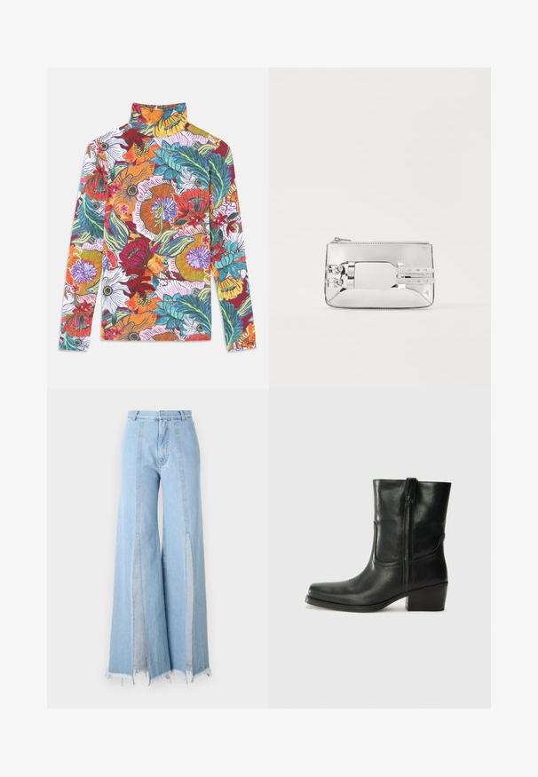 Ilgas rankovės, aukšto kaklo marškinėliai, puikuojantys ryškiu gėlių raštu su įvairiaspalvėmis žiedų puokštėmis ir žaliais lapais ant baltos fono.; Šviesiai mėlynos plataus kirpimo džinsai su aukštu liemeniu, turintys šonines angas ir nebaigtus kraštus. Pagaminti iš džinsinio audinio su kontrastingais siūlų akcentais.; Juodi odiniai aulinukai iki kulkšnies su apvali nosimi, blokuotais kulnais, šonine užtrauktuku ir siuvimo akcentais ant viršutinės dalies. Lygi tekstūra, klasikinis dizainas.; Sidabrinė metalinė rankinė su lygiu paviršiumi, stačiakampio formos, užtrauktuko uždarymu ir dviem dekoratyvinėmis dirželių priekyje.