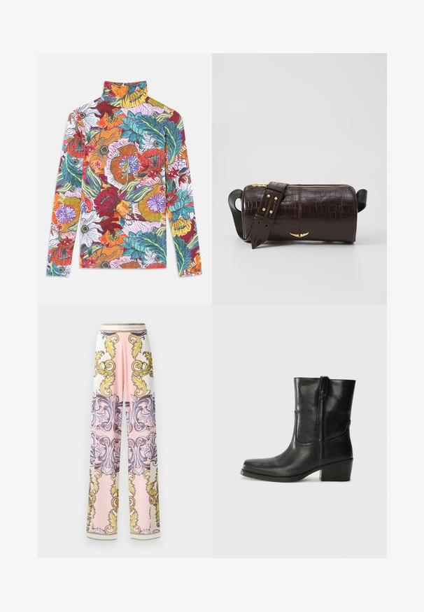 Bluză cu mânecă lungă și guler înalt, prezentând un model floral vibrant cu flori multicolore și frunze verzi pe un fundal alb.; Pantaloni largi dintr-un material ușor, având o schemă de culori roz și alb cu modele baroce ornate în nuanțe de galben și albastru și accente aurii.; Botine din piele neagră, cu vârf rotund, toc pătrat, fermoar pe lateral și accente de cusături pe partea superioară. Textură netedă, design clasic.; Geantă din piele căptușită cu un model de crocodil de culoare maro, cu o formă cilindrică, accesorii de culoare aurie și un curea detasabilă cu tăieturi.